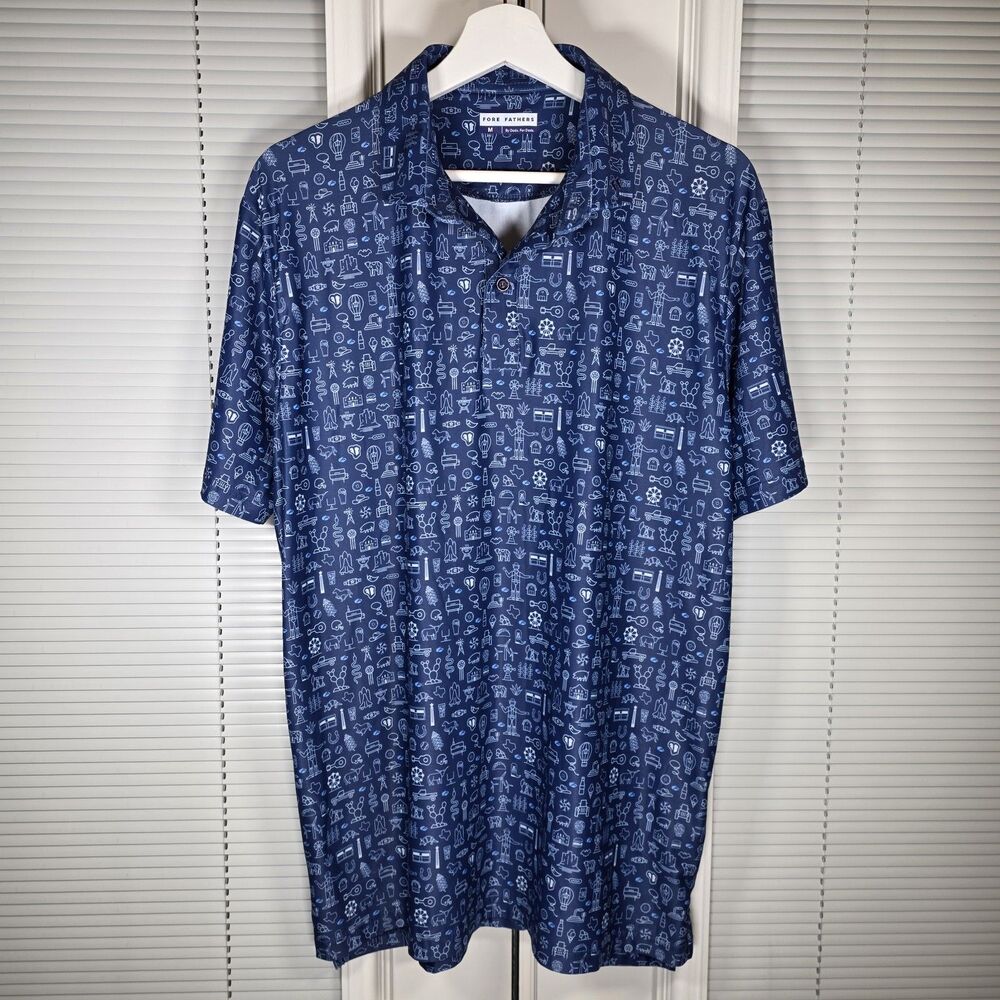 Fore Fathers Lone Star Polo Mens Medium Blue Texas Print Moisture Wicking